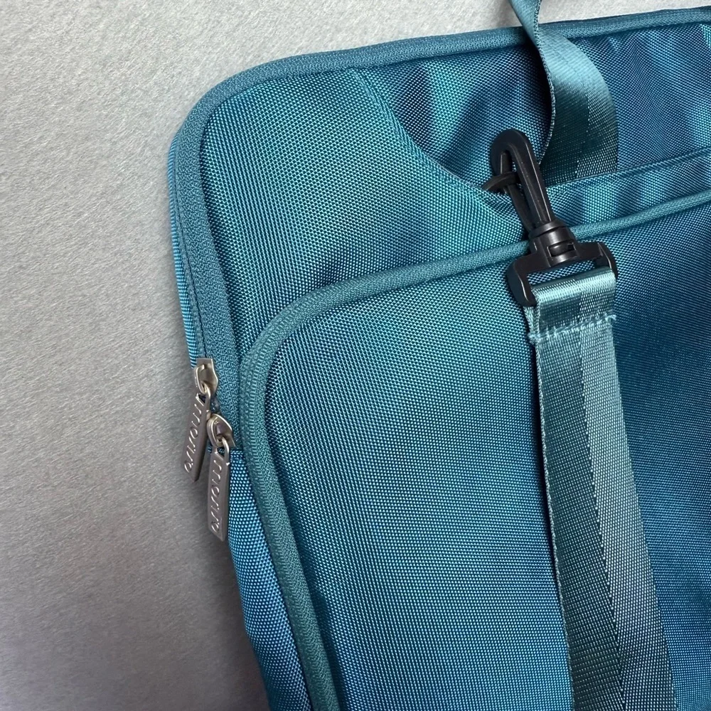 Mosiso 360 Protective Laptop Shoulder Bag in Teal Green Fleece Lined Trolly Belt
